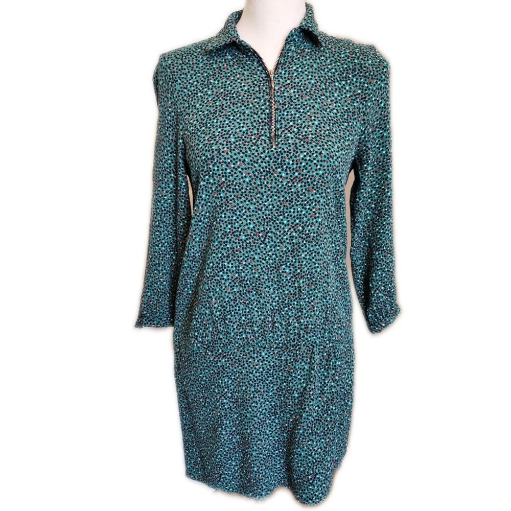 Zara Basic Quarter Zip 3/4 Sleeves Green Polka Dot Mini Dress, M